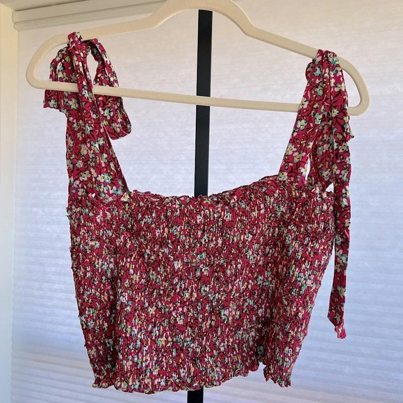 Poupette St Barth Triny Crop Smocked Tie Strap Top Pink Floral Medium NWT Spring - Picture 1 of 5